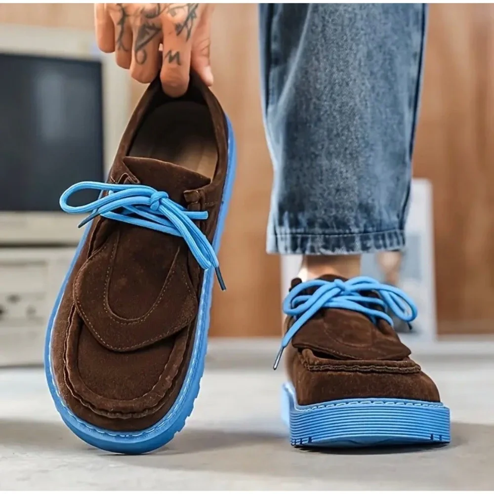 Mens Brown Suede Moccasins Blue Platform Sole Low Top Shoes Size 9.5-10